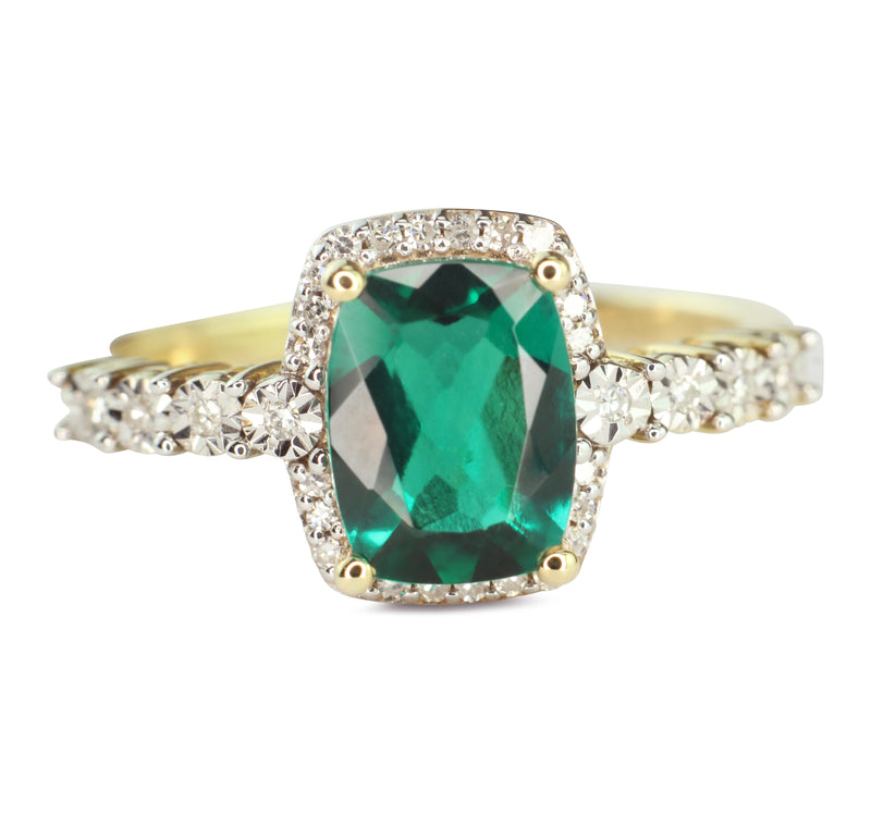 Heartland By Beverley Mitchell 10K Yellow Gold Diamond and Cushion Cut Created Columbian Green Emerald Ring