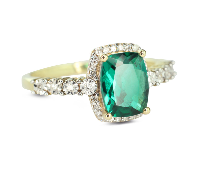 Heartland By Beverley Mitchell 10K Yellow Gold Diamond and Cushion Cut Created Columbian Green Emerald Ring