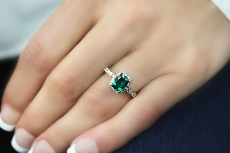 Heartland By Beverley Mitchell 10K Yellow Gold Diamond and Cushion Cut Created Columbian Green Emerald Ring