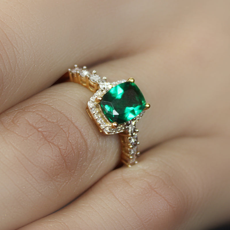 Heartland By Beverley Mitchell 10K Yellow Gold Diamond and Cushion Cut Created Columbian Green Emerald Ring