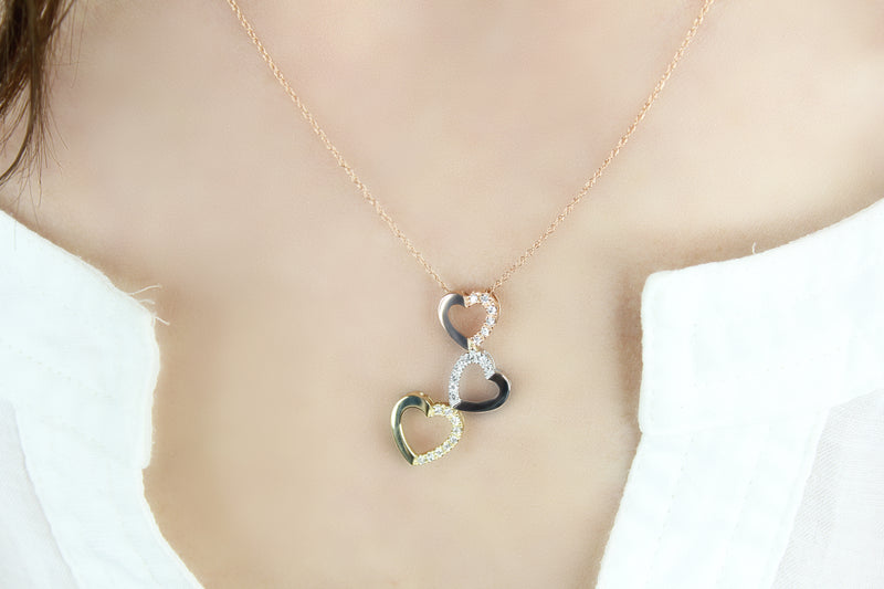 10K Rose, White and Yellow Gold Diamond Tri-Color Triple Heart Pendant Necklace by Heartland By Beverley Mitchell