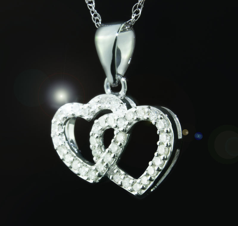 Heartland 10K White Gold 1/8 Cttw Diamond Double Interlocking Hearts Pendant