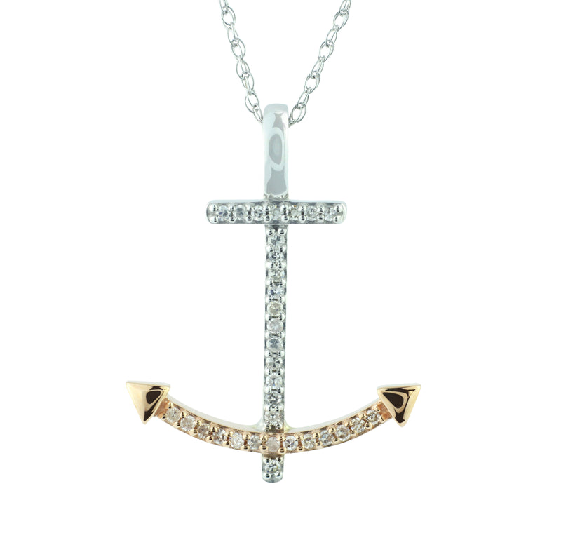 10K White & Rose Gold Diamond Anchor Cross Pendant With Chain