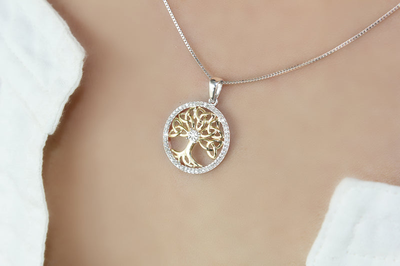 Heartland Tree Of Life 1/8ct Diamond Pendant, 10K Yellow Gold and .925 Sterling Silver, Two Tone, Celtic Knot Tree of Life Round Pendant Necklace - 18" (H Color, I2 Clarity)