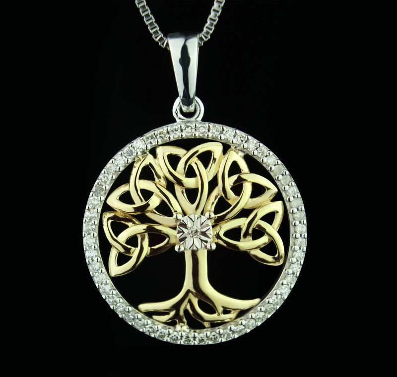 Heartland Tree Of Life 1/8ct Diamond Pendant, 10K Yellow Gold and .925 Sterling Silver, Two Tone, Celtic Knot Tree of Life Round Pendant Necklace - 18" (H Color, I2 Clarity)