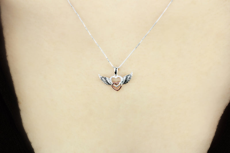 Heartland 10K Rose Gold and .925 Sterling Silver Diamond Accented Double Interlocking Hearts with Wings Pendant