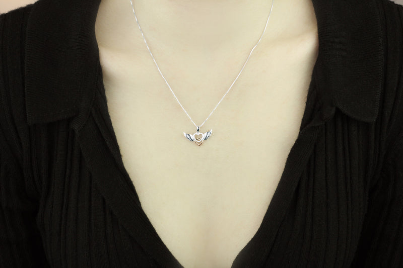 Heartland 10K Rose Gold and .925 Sterling Silver Diamond Accented Double Interlocking Hearts with Wings Pendant