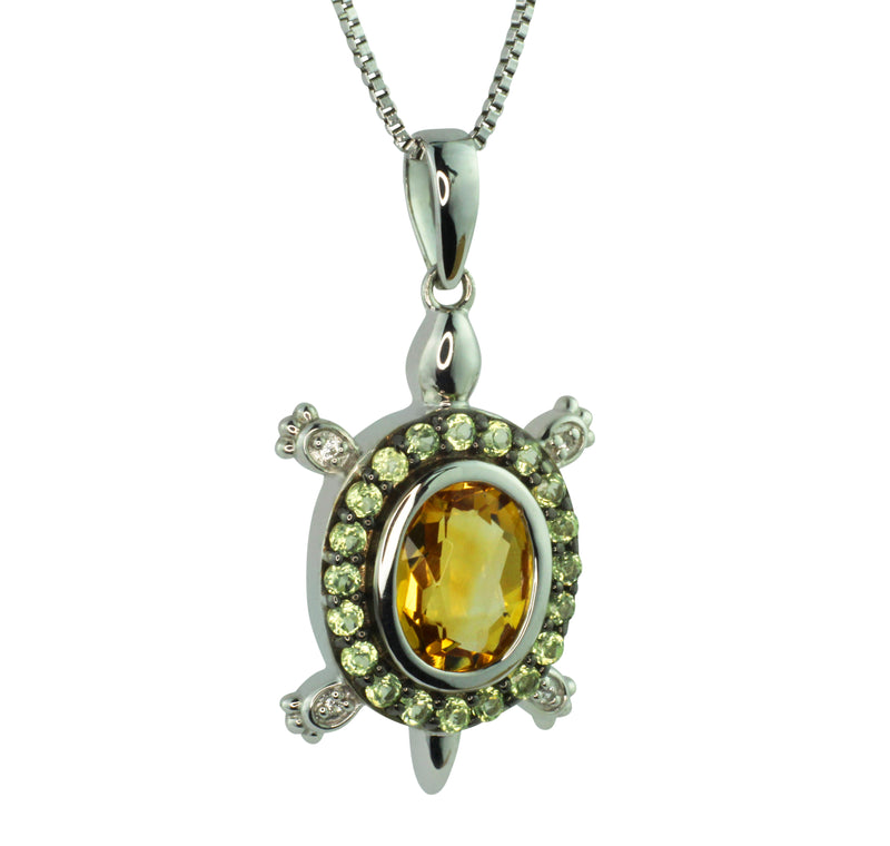 Heartland Diamond Accented Peridot and Citrine Turtle Halo Pendant In .925 Sterling Silver Necklace