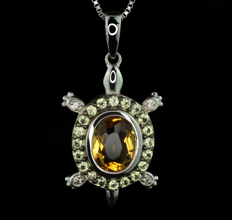 Heartland Diamond Accented Peridot and Citrine Turtle Halo Pendant In .925 Sterling Silver Necklace