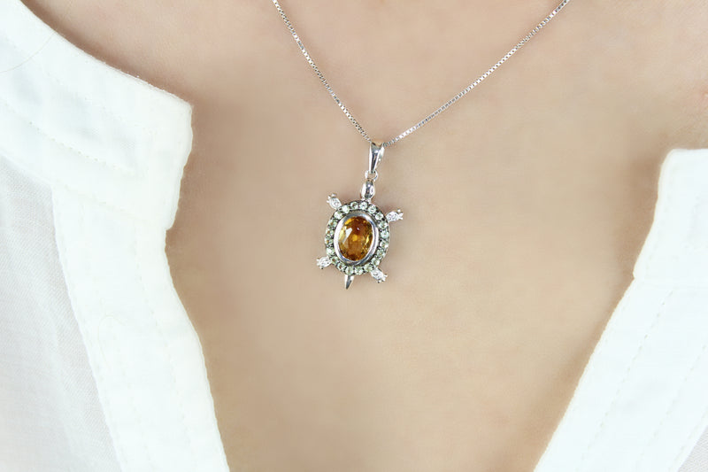 Heartland Diamond Accented Peridot and Citrine Turtle Halo Pendant In .925 Sterling Silver Necklace