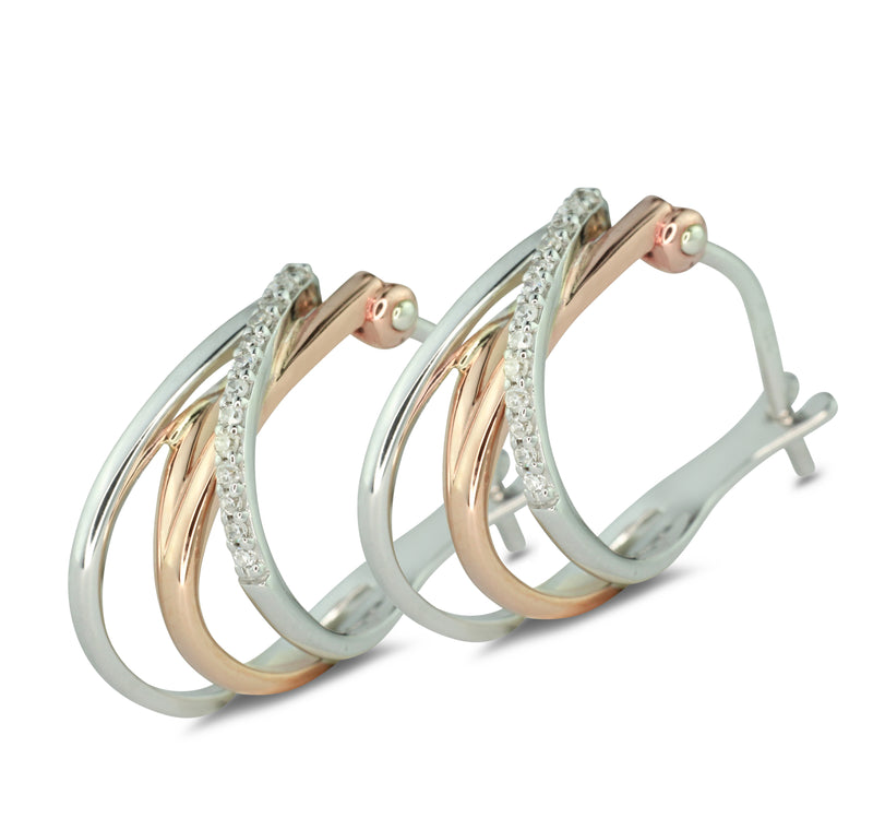 10K Rose and White Gold 1/5 Cttw Diamond Two Tone Double V Huggie Hoop Earrings (H Color, I2 Clarity)