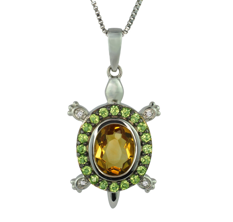 Heartland Diamond Accented Peridot and Citrine Turtle Halo Pendant In .925 Sterling Silver Necklace