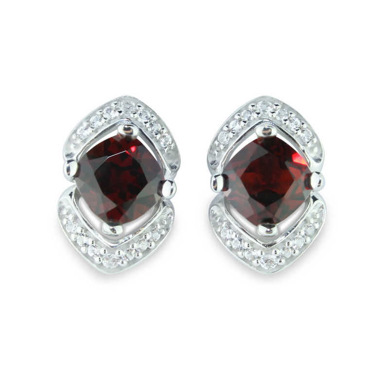 6mm Cushion Cut Garnet Gemstone Earrings Featuring White Sapphires, 925 Sterling Silver Post Earrings