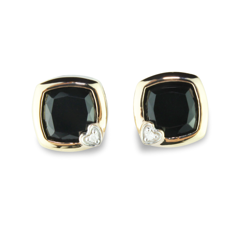 Petite 10K Rose (Pink) Gold 6mm Onyx & Diamond Earrings With Post Back