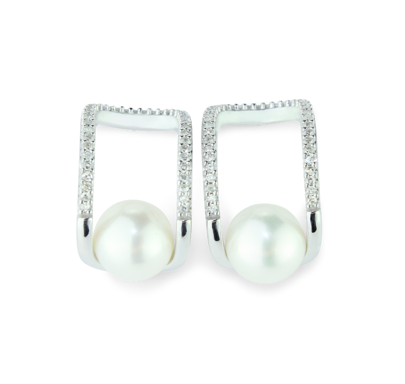 Classic 1/20 cttw Diamond & Freshwater Pearl Post Earrings in 925 Sterling Silver.