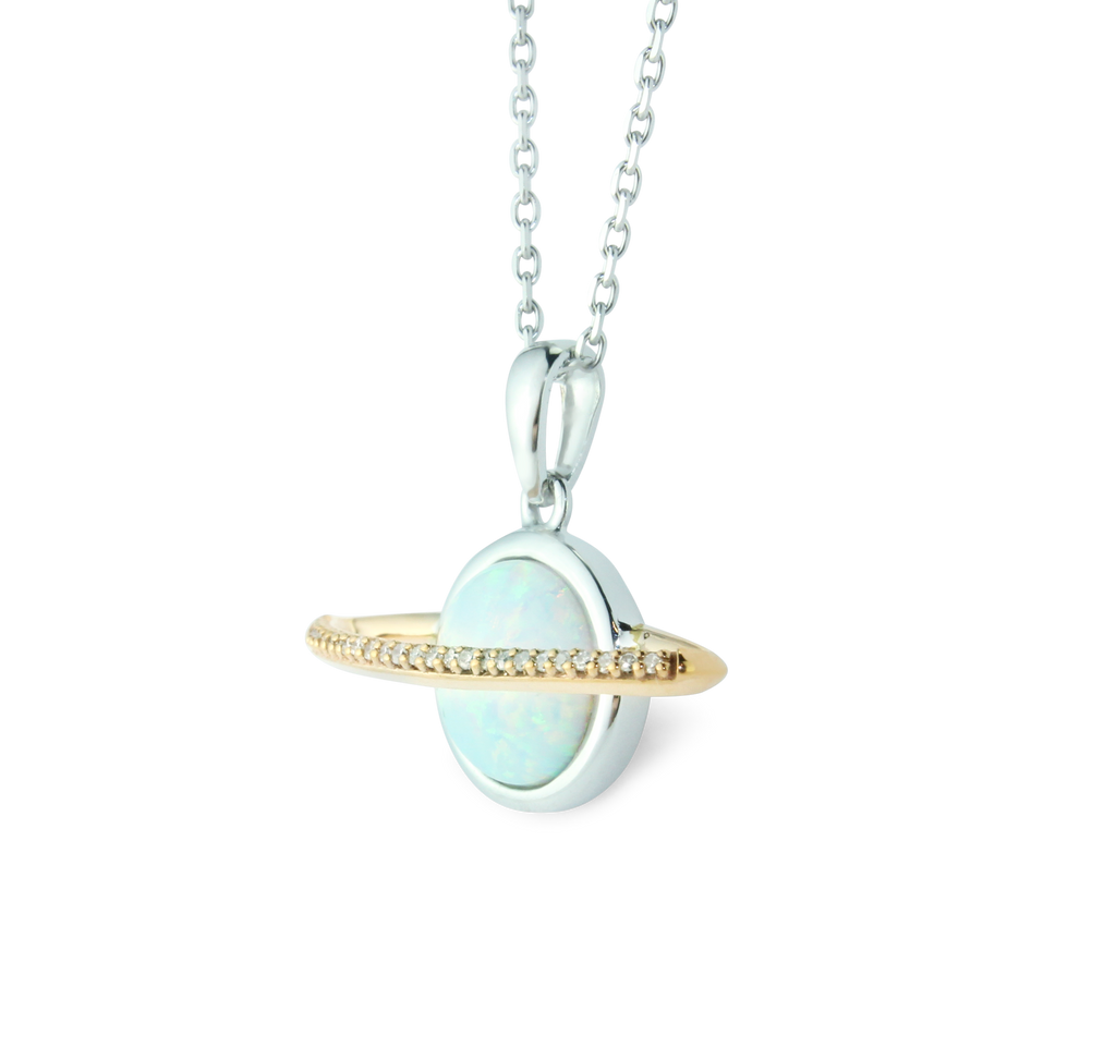 Gorgeous Created Opal Sphere, Planet, Orb, Ringed By Brilliant Diamonds (1/20cttw), Very Trendy, 10K Gold Pendant