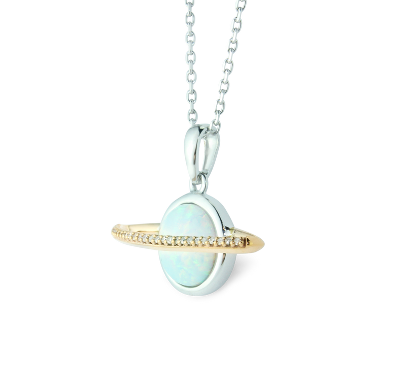 Gorgeous Created Opal Sphere, Planet, Orb, Ringed By Brilliant Diamonds (1/20cttw), Very Trendy, 10K Gold Pendant