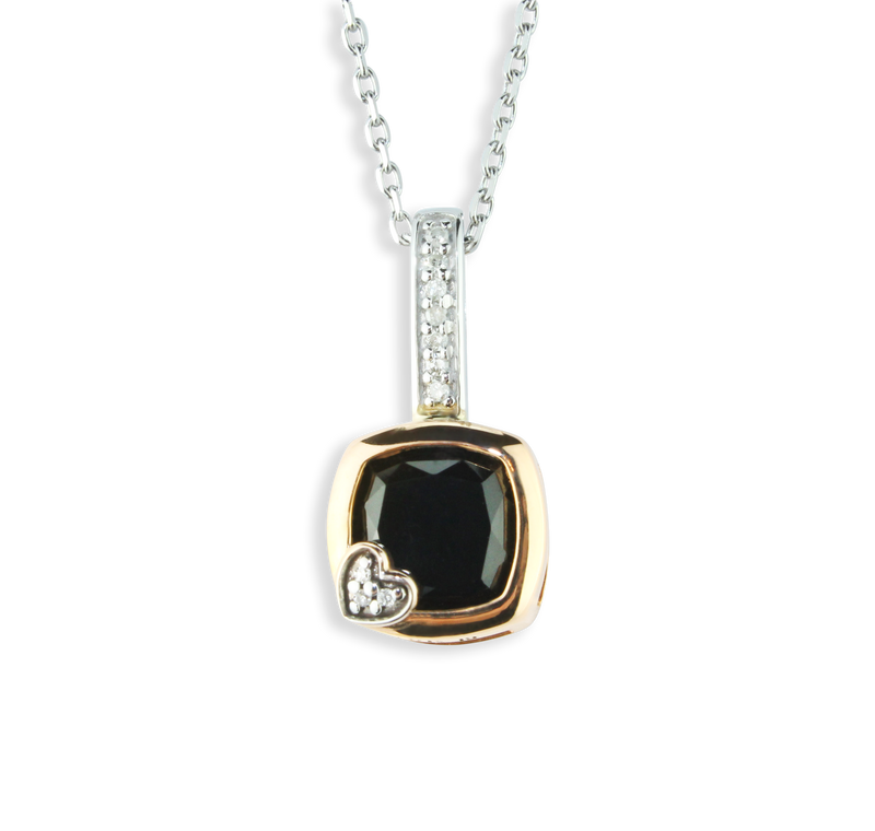 Elegant Onyx Cushion Gemstone With 1/20cttw Brilliant Diamonds In A Wonderful 10K Rose (Pink) And White Gold Setting