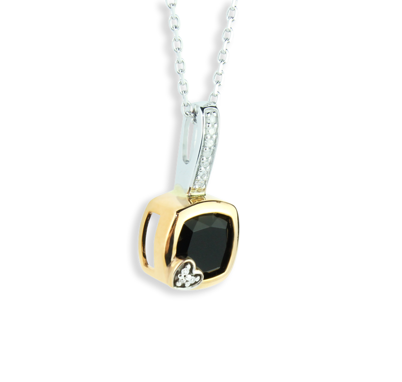 Elegant Onyx Cushion Gemstone With 1/20cttw Brilliant Diamonds In A Wonderful 10K Rose (Pink) And White Gold Setting