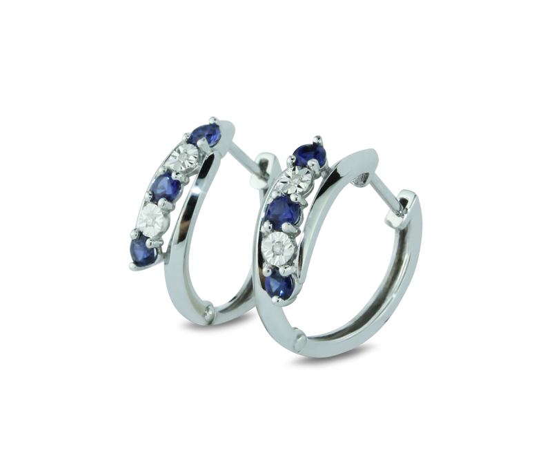 Exquisite Gemstone Cuff Earrings Featuring 4 Sparkling Diamonds and 6 Stunning Blue Ceylon Created Sapphires in 10K White Gold