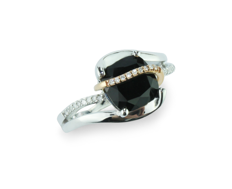 Classic 1/15 cttw Diamond & Onyx Ring With 10K Rose Gold and 925 Sterling Silver.