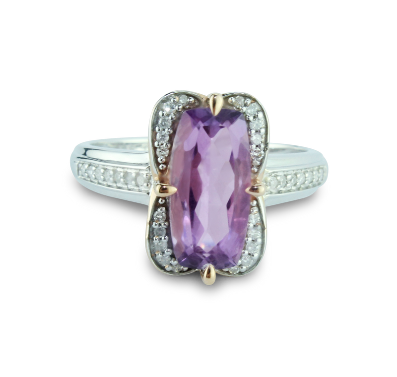 Breathtaking Pink Amethyst Ring With 34 Sparkling Diamonds (1/8 carat) set in Sterling Silver (925) and 10K Rose (Pink) Gold