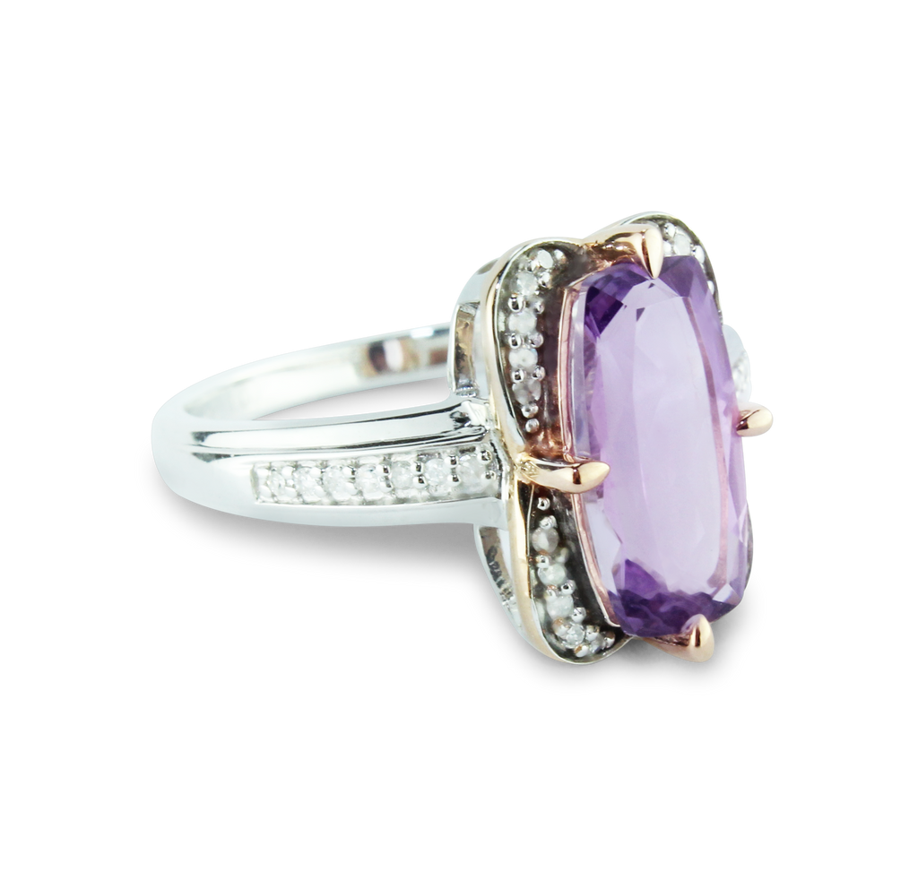 Breathtaking Pink Amethyst Ring With 34 Sparkling Diamonds (1/8 carat) set in Sterling Silver (925) and 10K Rose (Pink) Gold