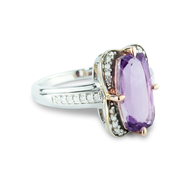 Breathtaking Pink Amethyst Ring With 34 Sparkling Diamonds (1/8 carat) set in Sterling Silver (925) and 10K Rose (Pink) Gold