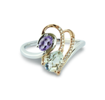 Elegantly Crafted Diamond, Pink & Green Amethyst Gemstone Ring With 19 Diamonds, Pear Shaped Gems, Set In 10K White And Rose Gold Setting