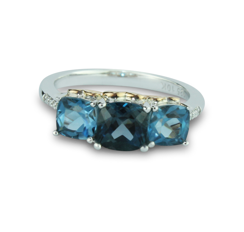 Gorgeous London Blue Topaz & Swiss Blue Topaz Ring, 3 Large Gems, 10 Brilliant Diamonds, 10K Rose Gold & 925 Sterling Silver, Heart Design