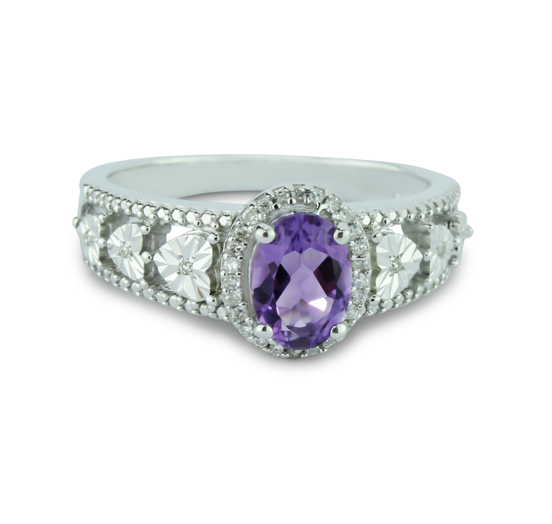 Sparkling Oval Amethyst Gemstone and 1/15 cttw Diamond Ring &  In 925 Sterling Silver, With Heart Design And 32 Diamonds