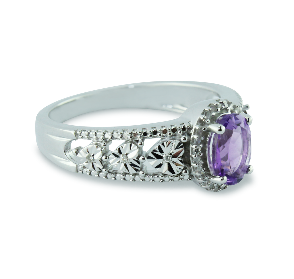 Sparkling Oval Amethyst Gemstone and 1/15 cttw Diamond Ring &  In 925 Sterling Silver, With Heart Design And 32 Diamonds