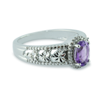 Sparkling Oval Amethyst Gemstone and 1/15 cttw Diamond Ring &  In 925 Sterling Silver, With Heart Design And 32 Diamonds