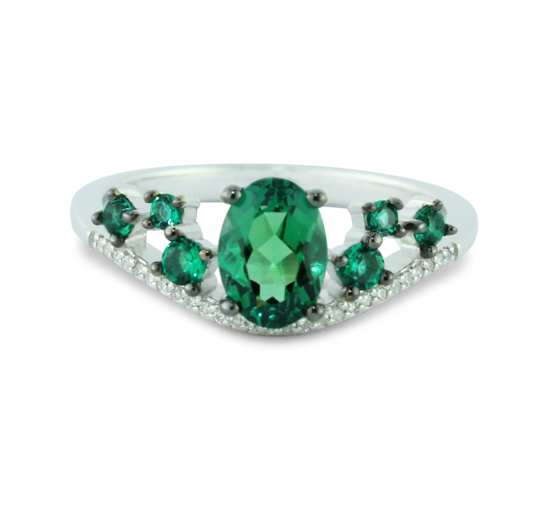 Luxurious Created Emerald Gemstone And 1/20 cttw Diamond Ring in 925 Sterling Silver Featuring 27 Diamonds