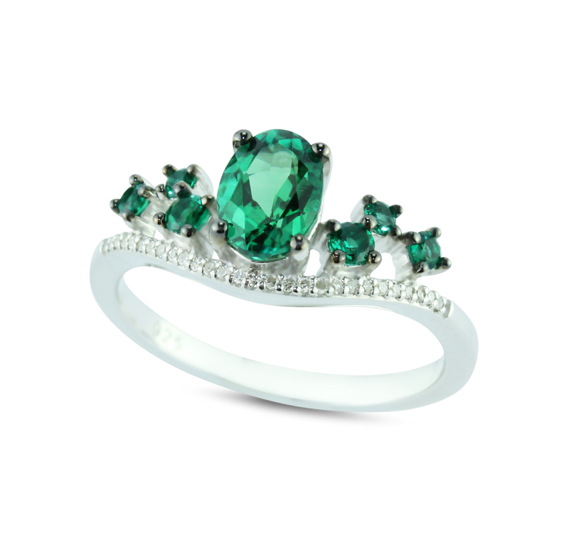 Luxurious Created Emerald Gemstone And 1/20 cttw Diamond Ring in 925 Sterling Silver Featuring 27 Diamonds