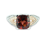 Elegant Garnet Cushion Gemstone Ring With Brilliant 1/10 cttw Diamonds In Classic 10K Rose & White Gold Setting