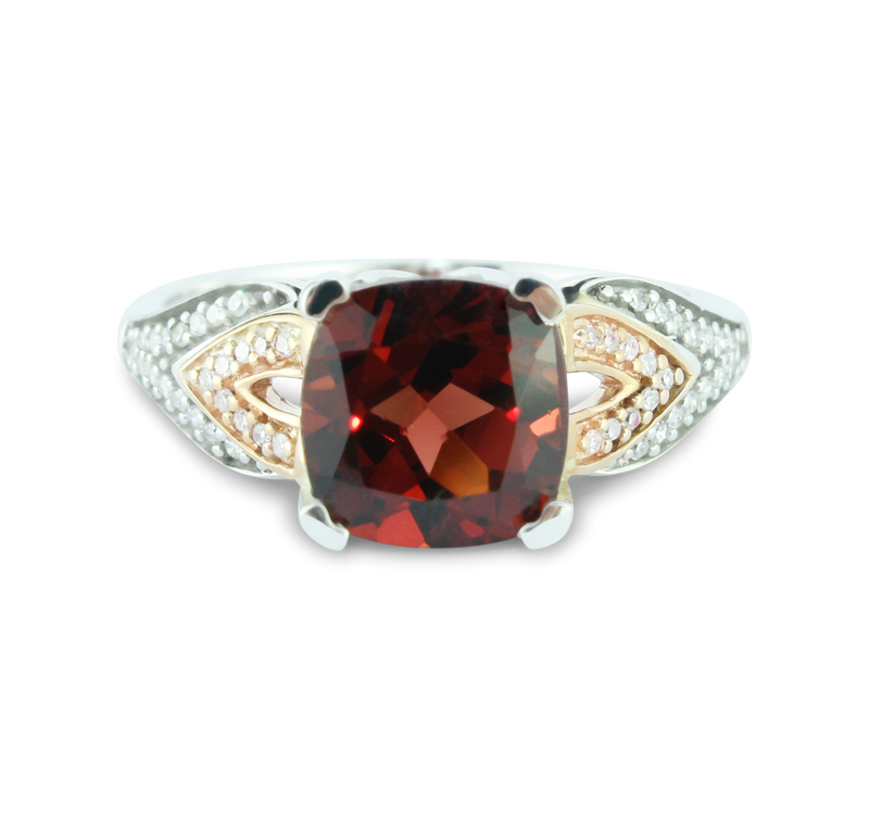 Elegant Garnet Cushion Gemstone Ring With Brilliant 1/10 cttw Diamonds In Classic 10K Rose & White Gold Setting