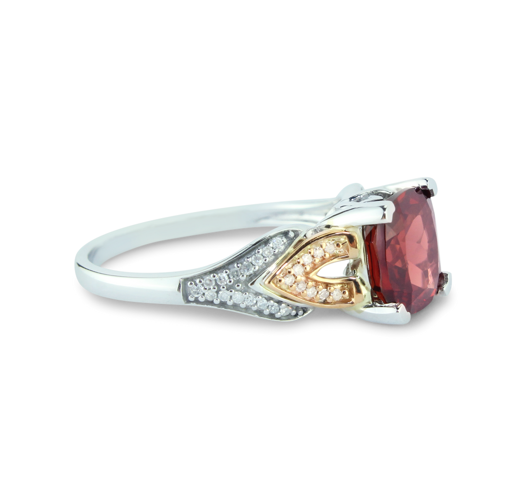 Elegant Garnet Cushion Gemstone Ring With Brilliant 1/10 cttw Diamonds In Classic 10K Rose & White Gold Setting