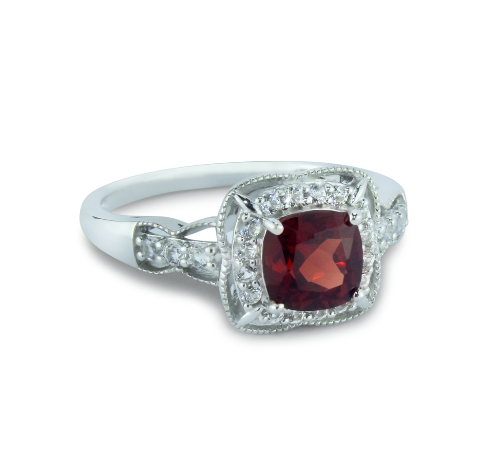 Classic Garnet & White Created Sapphire Ring in 925 Sterling Silver