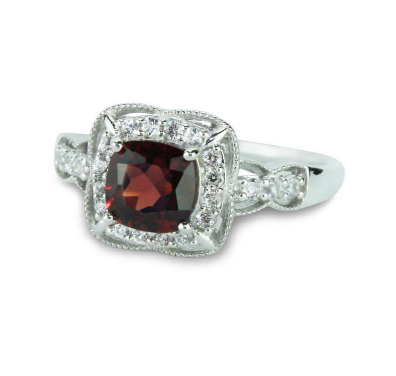 Classic Garnet & White Created Sapphire Ring in 925 Sterling Silver