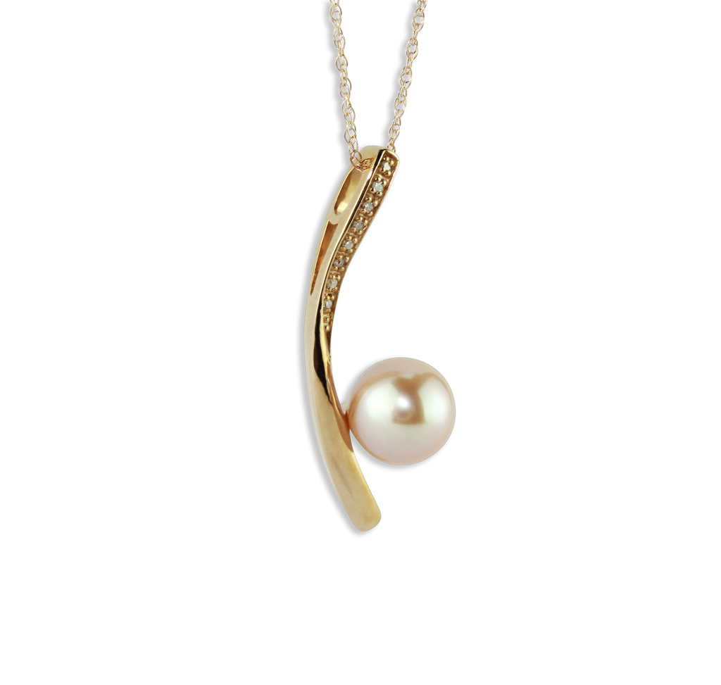 Artisan Designed Diamond & Freshwater Pearl Pendant In 10K Rose (Pink) Gold, Pearl Gives Off Lovely Pink Glow