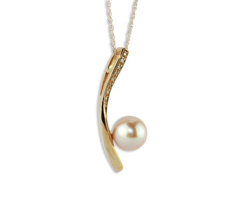 Artisan Designed Diamond & Freshwater Pearl Pendant In 10K Rose (Pink) Gold, Pearl Gives Off Lovely Pink Glow