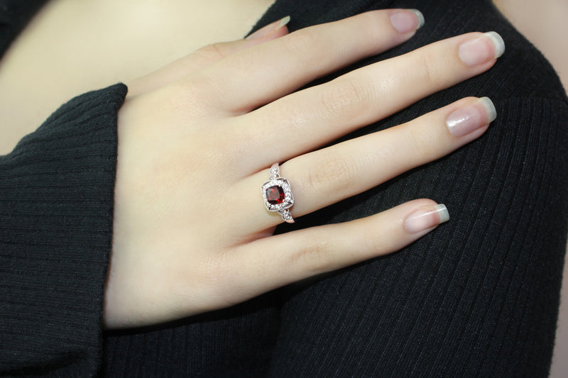 Classic Garnet & White Created Sapphire Ring in 925 Sterling Silver