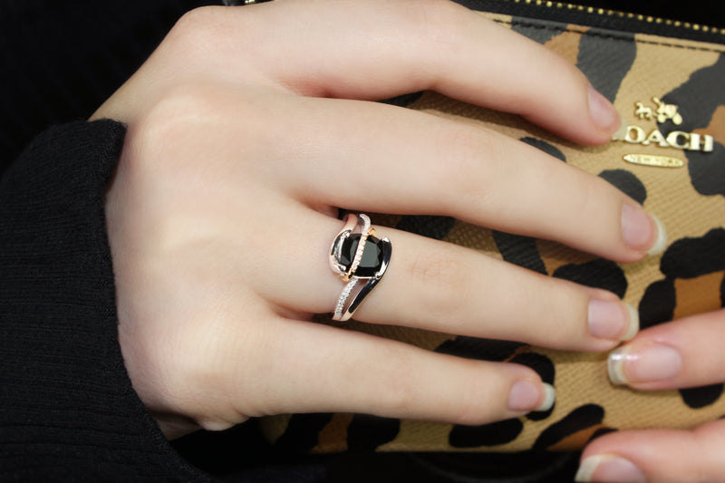 Classic 1/15 cttw Diamond & Onyx Ring With 10K Rose Gold and 925 Sterling Silver.