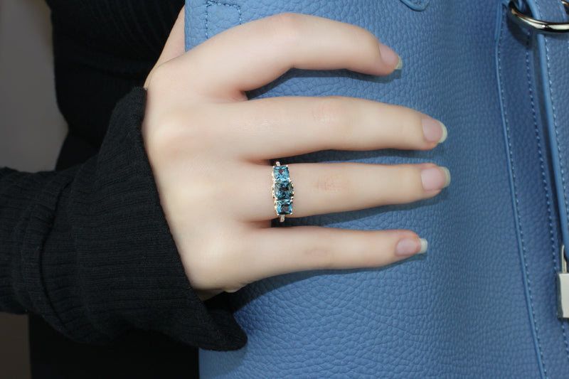 Gorgeous London Blue Topaz & Swiss Blue Topaz Ring, 3 Large Gems, 10 Brilliant Diamonds, 10K Rose Gold & 925 Sterling Silver, Heart Design