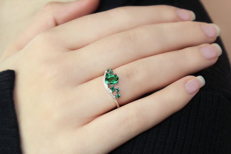 Luxurious Created Emerald Gemstone And 1/20 cttw Diamond Ring in 925 Sterling Silver Featuring 27 Diamonds