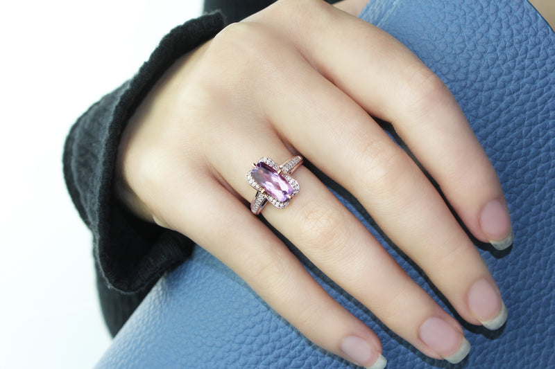 Breathtaking Pink Amethyst Ring With 34 Sparkling Diamonds (1/8 carat) set in Sterling Silver (925) and 10K Rose (Pink) Gold