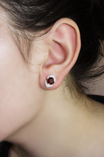 6mm Cushion Cut Garnet Gemstone Earrings Featuring White Sapphires, 925 Sterling Silver Post Earrings