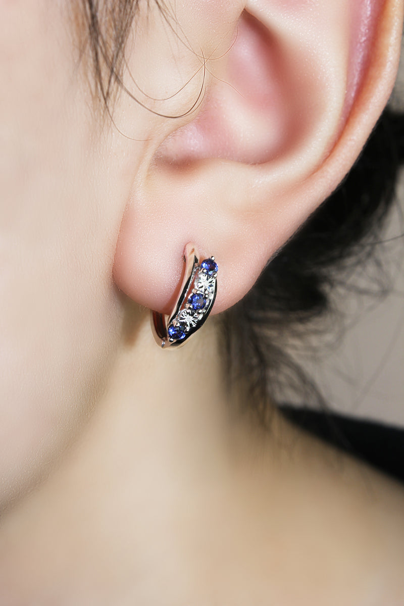 Exquisite Gemstone Cuff Earrings Featuring 4 Sparkling Diamonds and 6 Stunning Blue Ceylon Created Sapphires in 10K White Gold