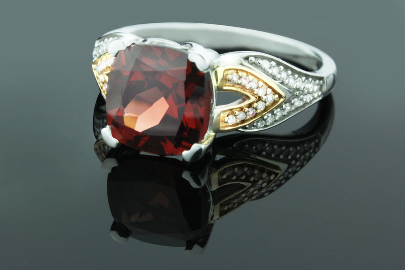 Elegant Garnet Cushion Gemstone Ring With Brilliant 1/10 cttw Diamonds In Classic 10K Rose & White Gold Setting